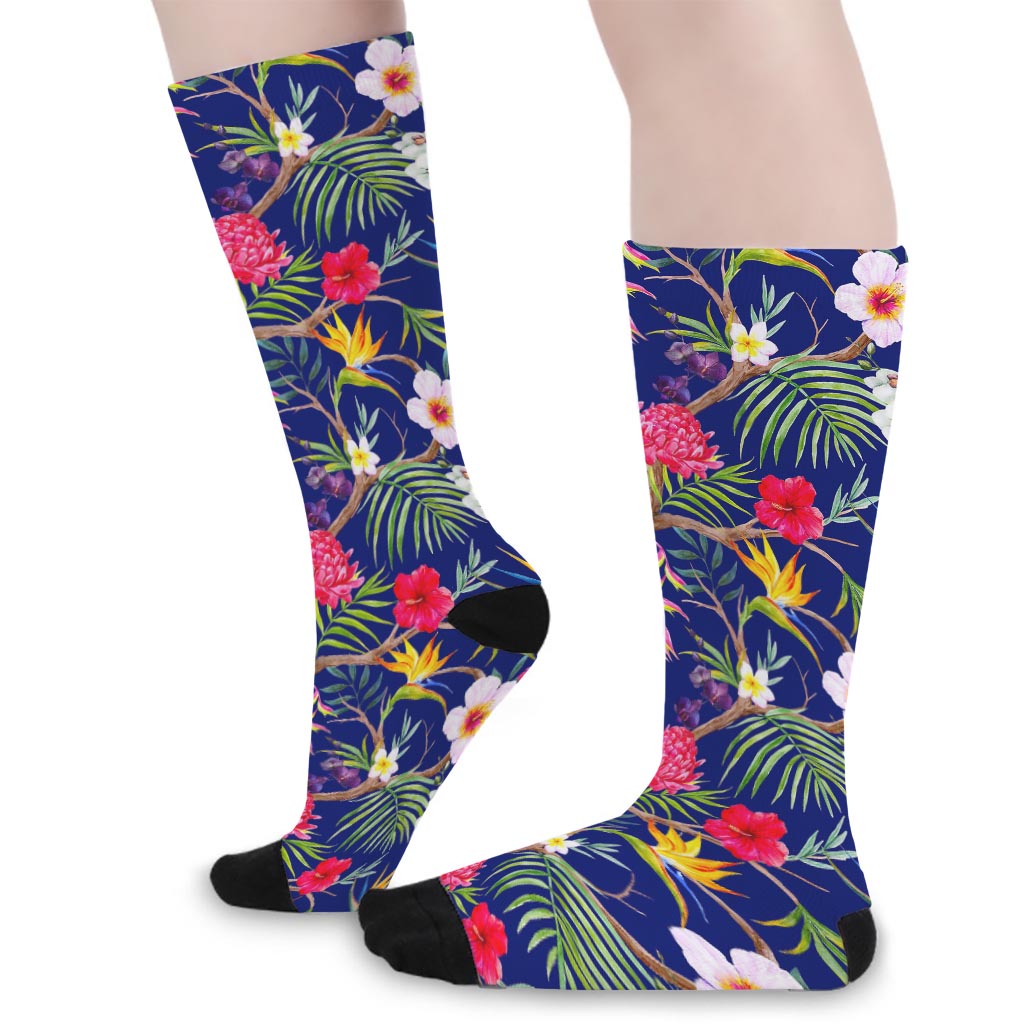 Watercolor Tropical Flower Pattern Print Long Socks