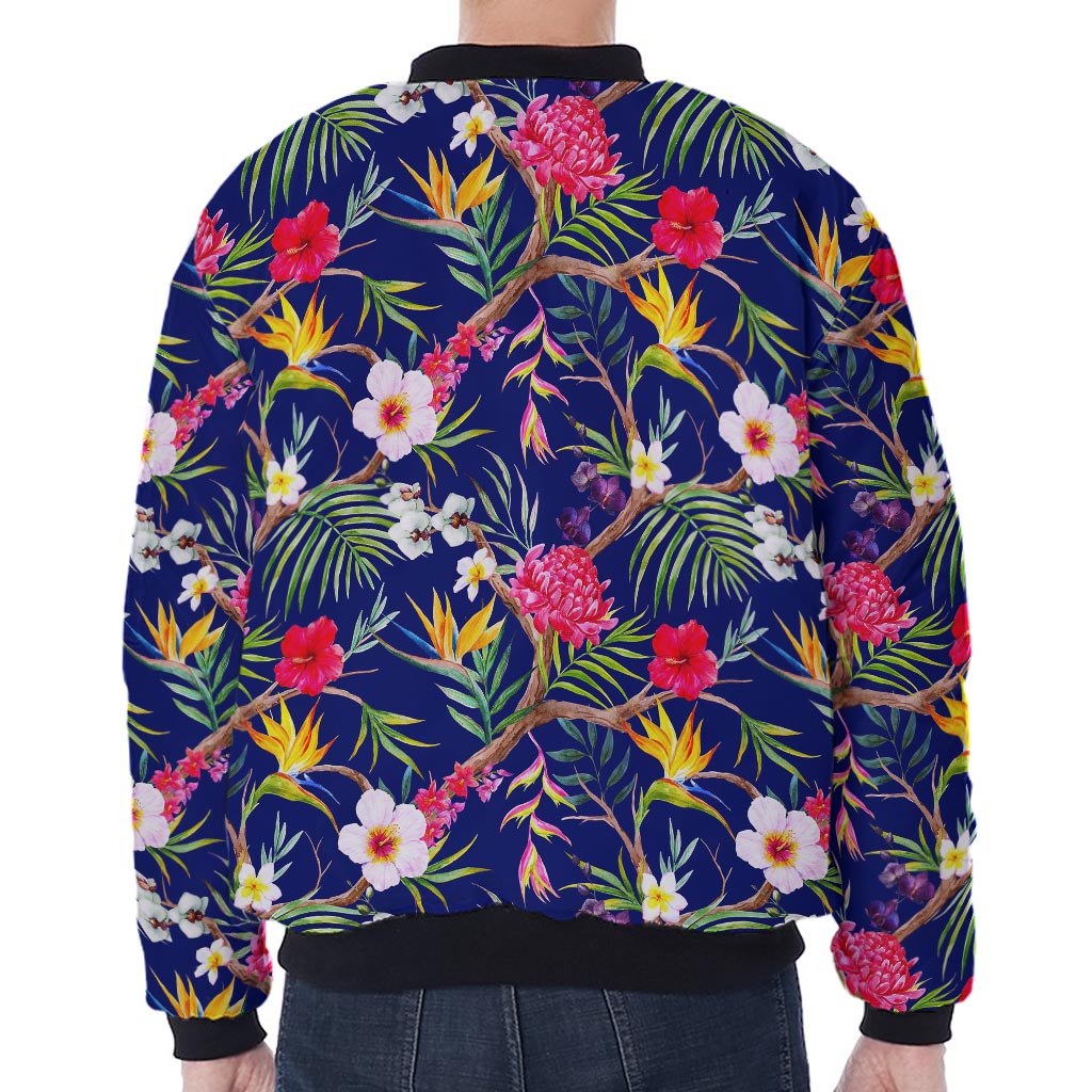 Watercolor Tropical Flower Pattern Print Zip Sleeve Bomber Jacket
