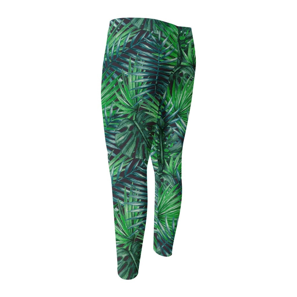 Watercolor Tropical Leaves Pattern Print Men's Compression Pants
