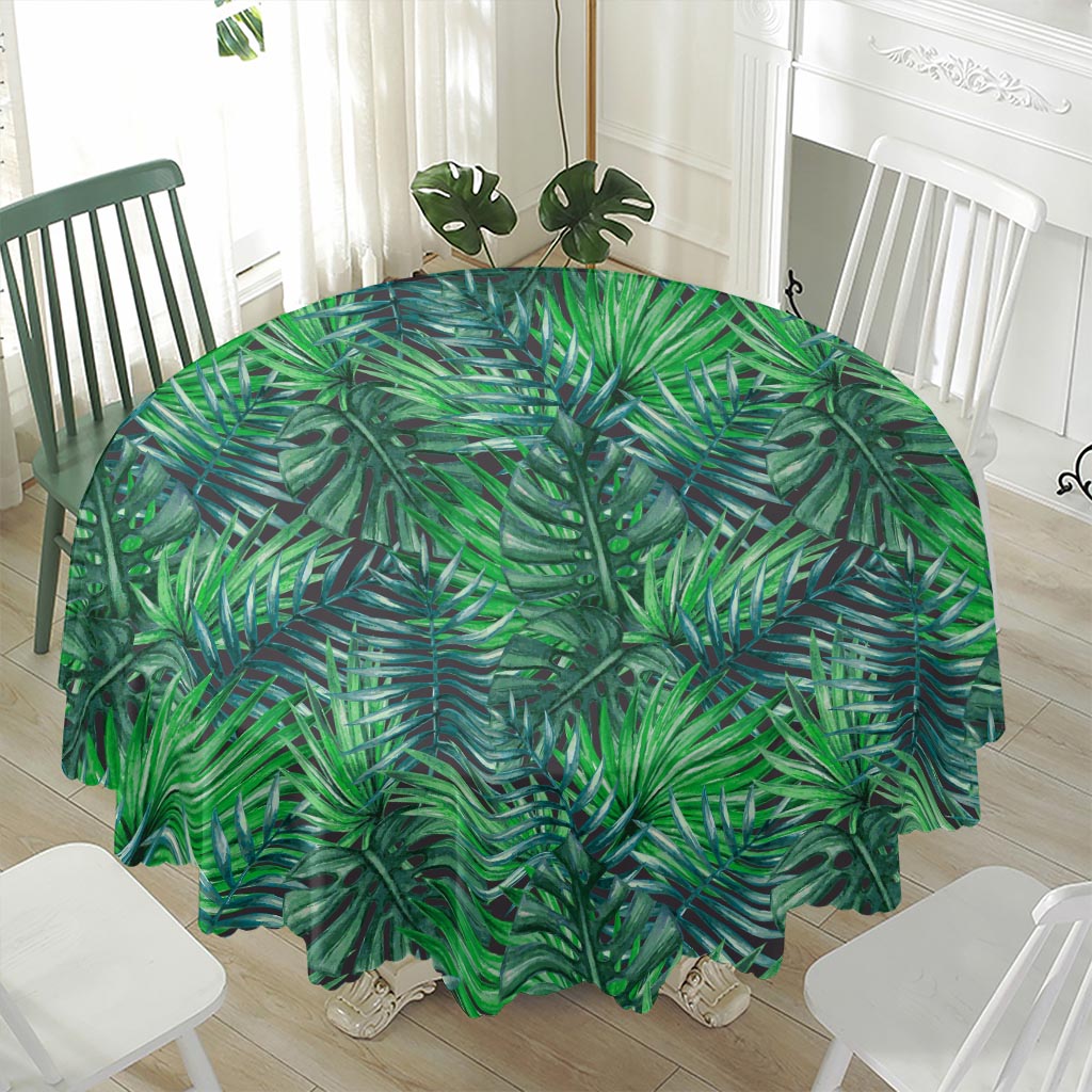 Watercolor Tropical Leaves Pattern Print Waterproof Round Tablecloth