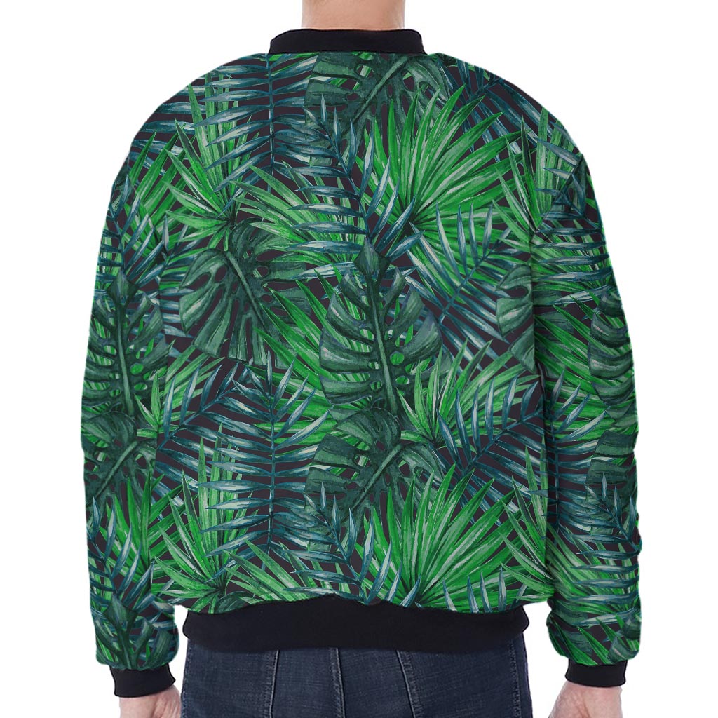 Watercolor Tropical Leaves Pattern Print Zip Sleeve Bomber Jacket