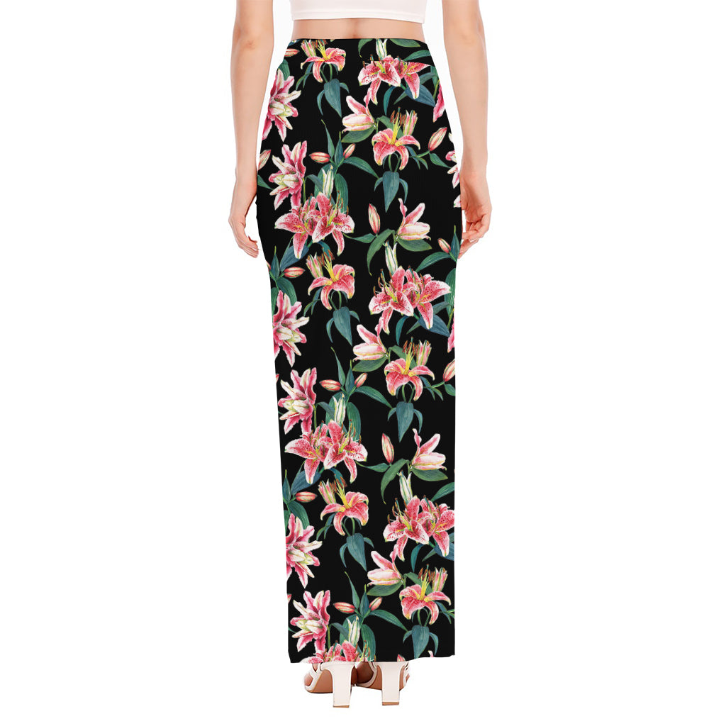 Watercolor Tropical Lily Pattern Print High Slit Maxi Skirt