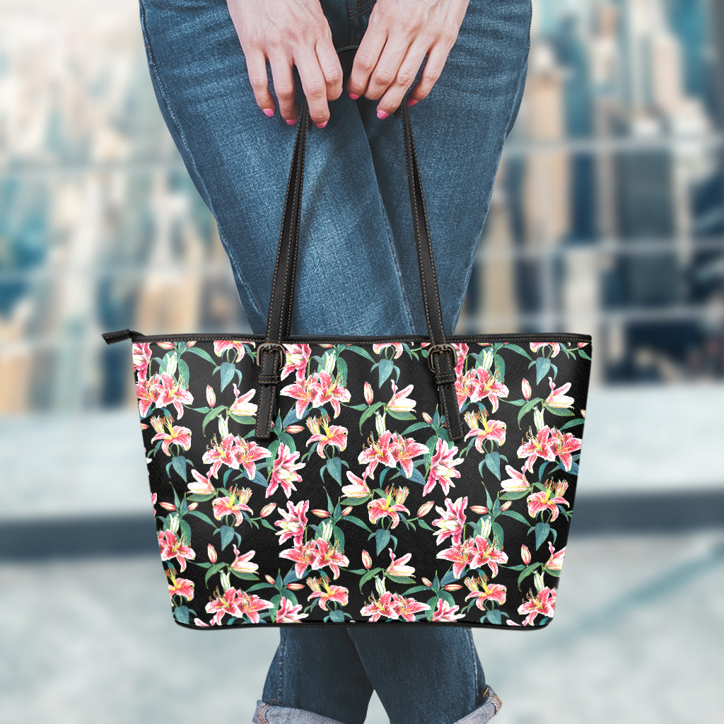 Watercolor Tropical Lily Pattern Print Leather Tote Bag