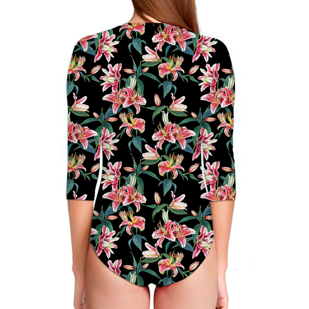 Watercolor Tropical Lily Pattern Print Long Sleeve Swimsuit