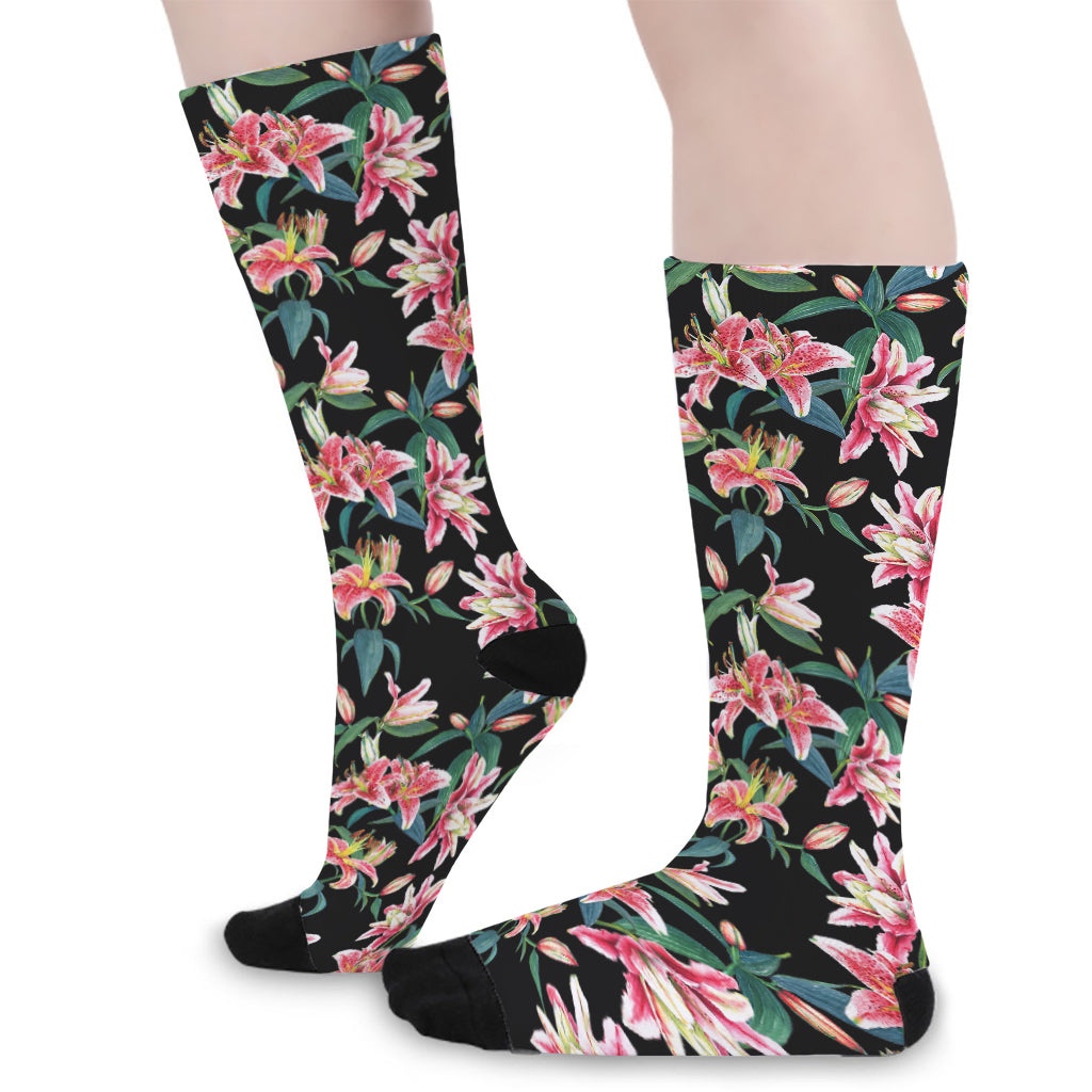 Watercolor Tropical Lily Pattern Print Long Socks