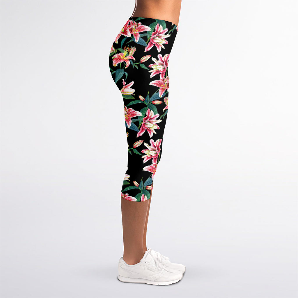 Watercolor Tropical Lily Pattern Print Women's Capri Leggings