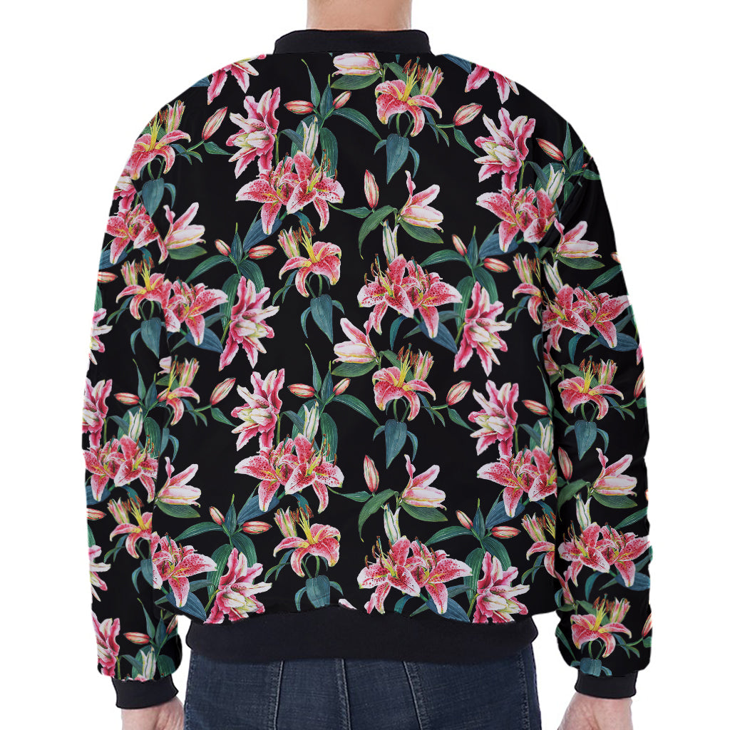 Watercolor Tropical Lily Pattern Print Zip Sleeve Bomber Jacket