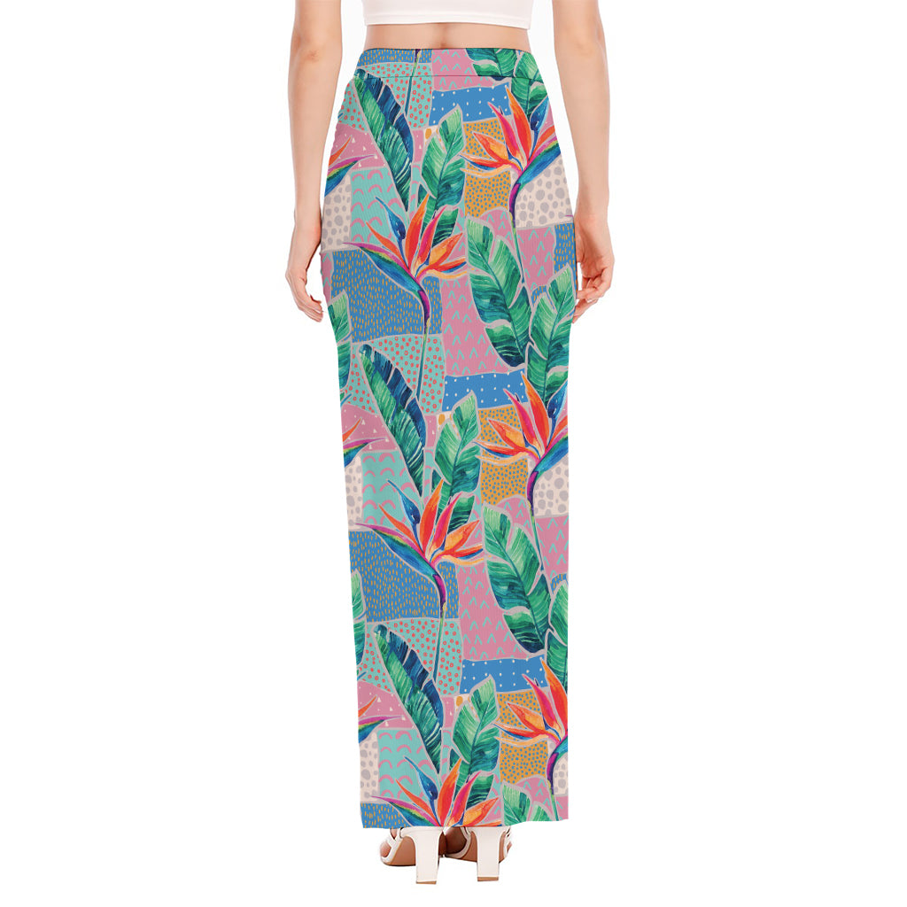 Watercolor Tropical Patchwork Print High Slit Maxi Skirt