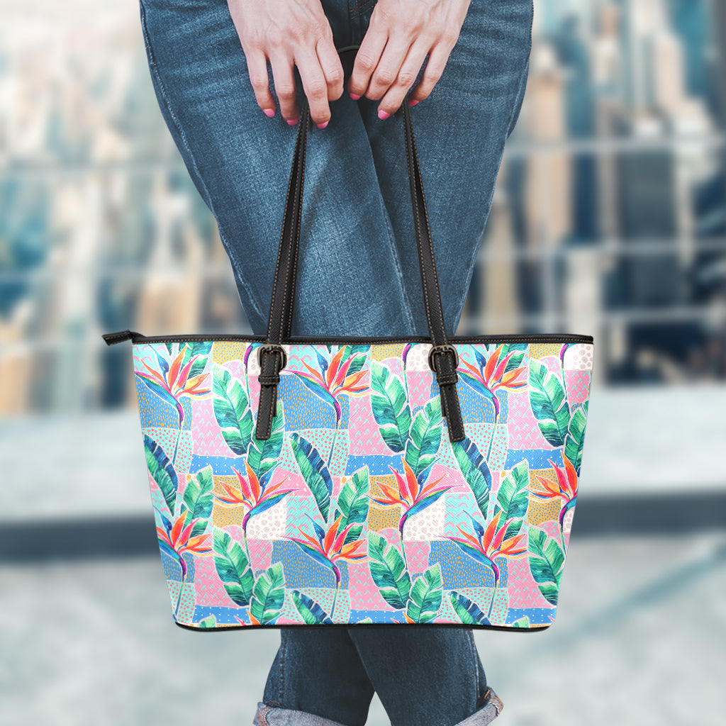 Watercolor Tropical Patchwork Print Leather Tote Bag
