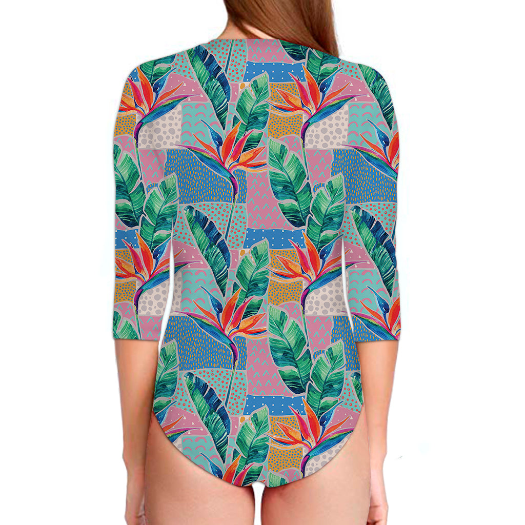 Watercolor Tropical Patchwork Print Long Sleeve Swimsuit
