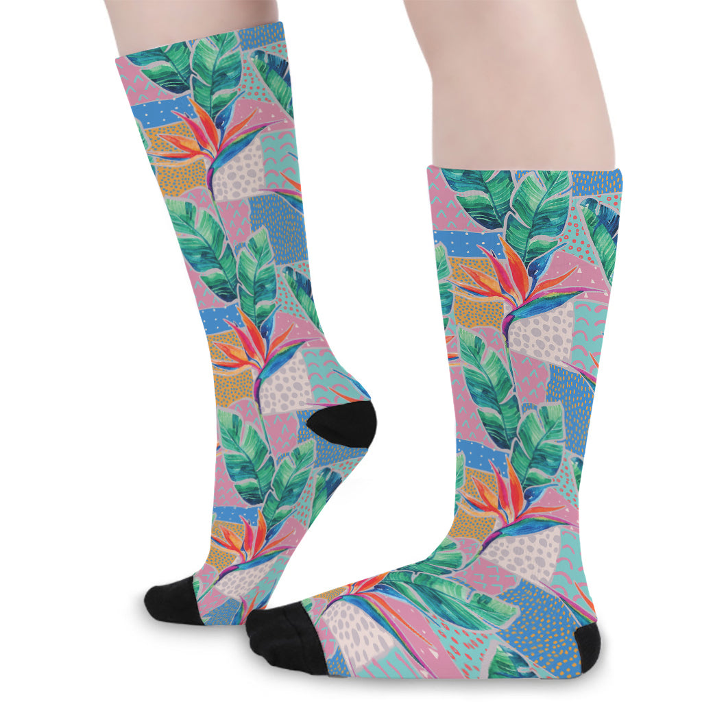 Watercolor Tropical Patchwork Print Long Socks