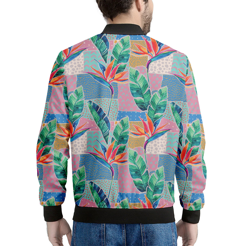 Watercolor Tropical Patchwork Print Men's Bomber Jacket