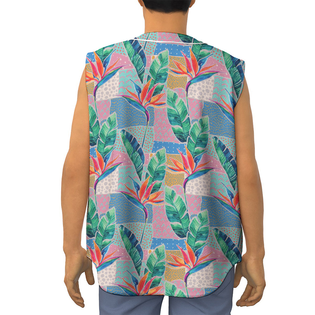 Watercolor Tropical Patchwork Print Sleeveless Baseball Jersey
