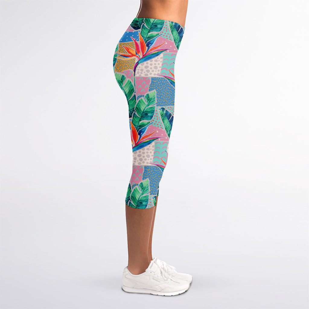 Watercolor Tropical Patchwork Print Women's Capri Leggings