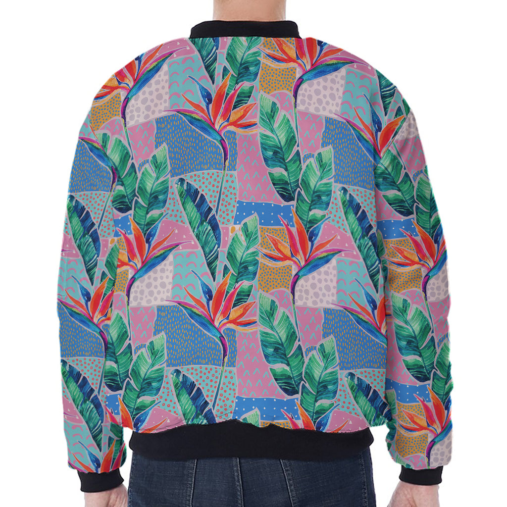 Watercolor Tropical Patchwork Print Zip Sleeve Bomber Jacket