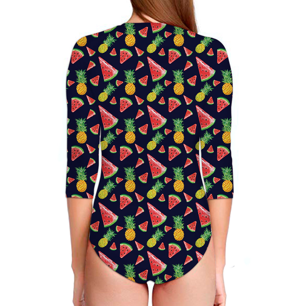 Watercolor Tropical Pattern Print Long Sleeve Swimsuit
