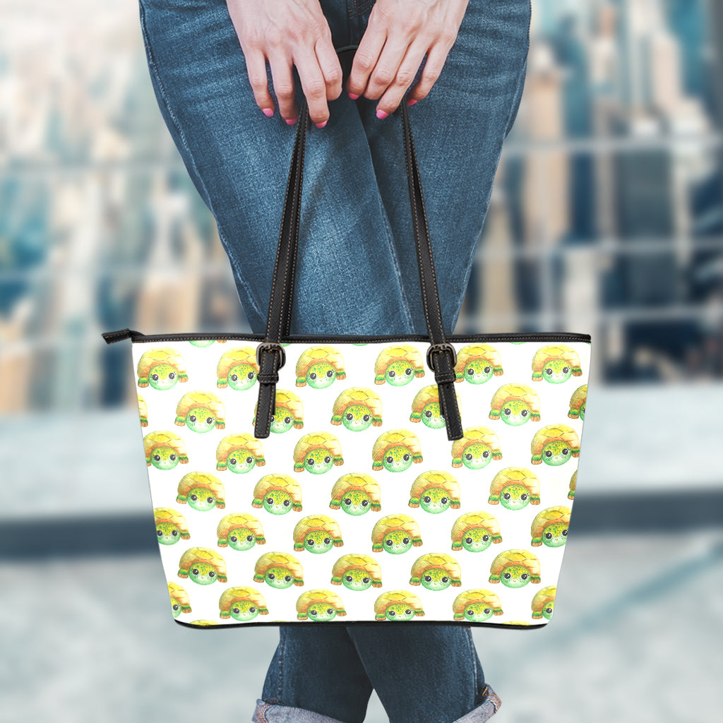 Watercolor Turtle Pattern Print Leather Tote Bag