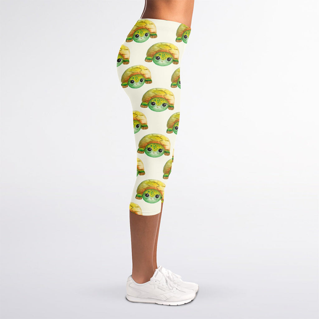 Watercolor Turtle Pattern Print Women's Capri Leggings