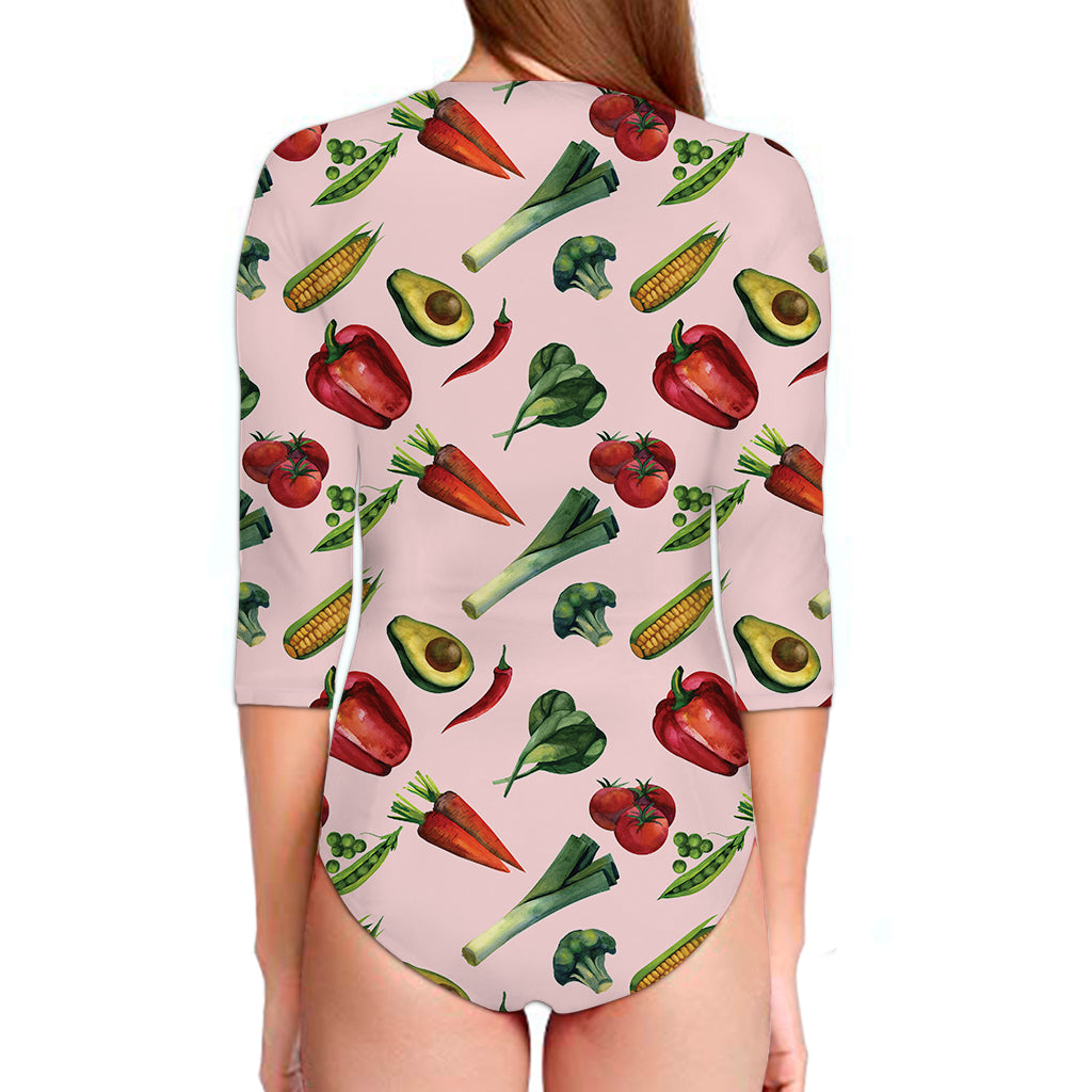 Watercolor Vegan Pattern Print Long Sleeve Swimsuit