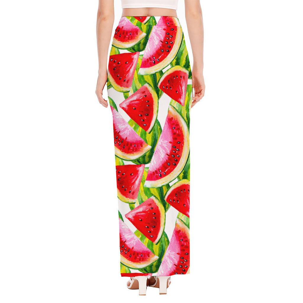 Watercolor Watermelon Pattern Print High Slit Maxi Skirt