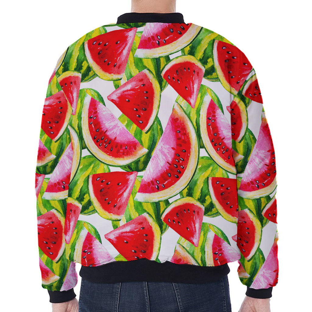 Watercolor Watermelon Pattern Print Zip Sleeve Bomber Jacket