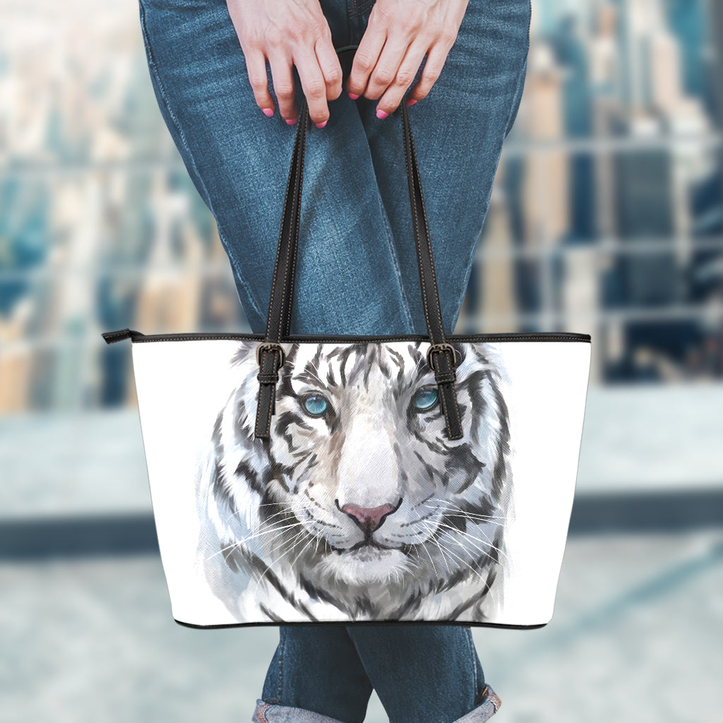 Watercolor White Bengal Tiger Print Leather Tote Bag