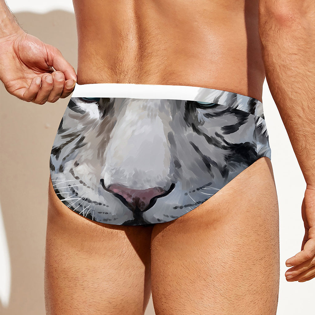 Watercolor White Bengal Tiger Print Men's Swim Briefs