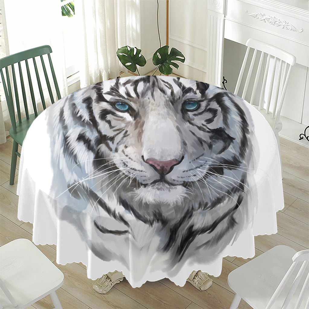 Watercolor White Bengal Tiger Print Waterproof Round Tablecloth