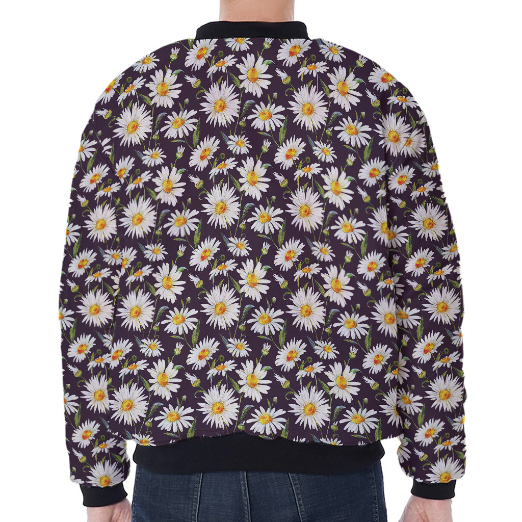 Watercolor White Daisy Pattern Print Zip Sleeve Bomber Jacket