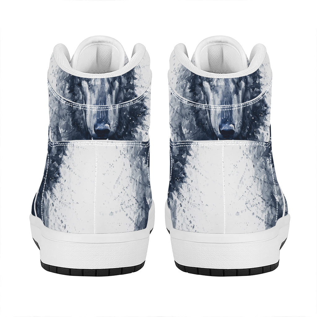 Watercolor Wolf Portrait Print High Top Leather Sneakers