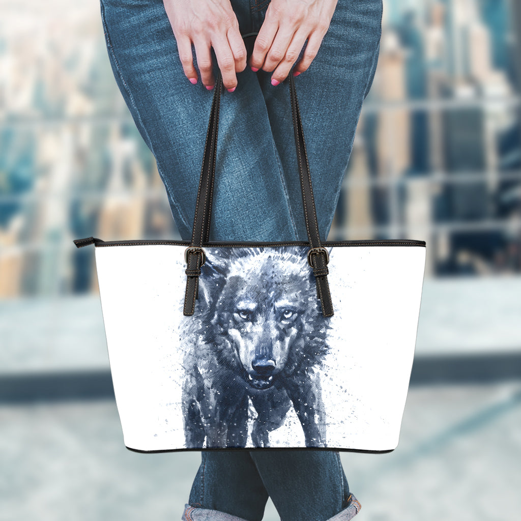 Watercolor Wolf Portrait Print Leather Tote Bag