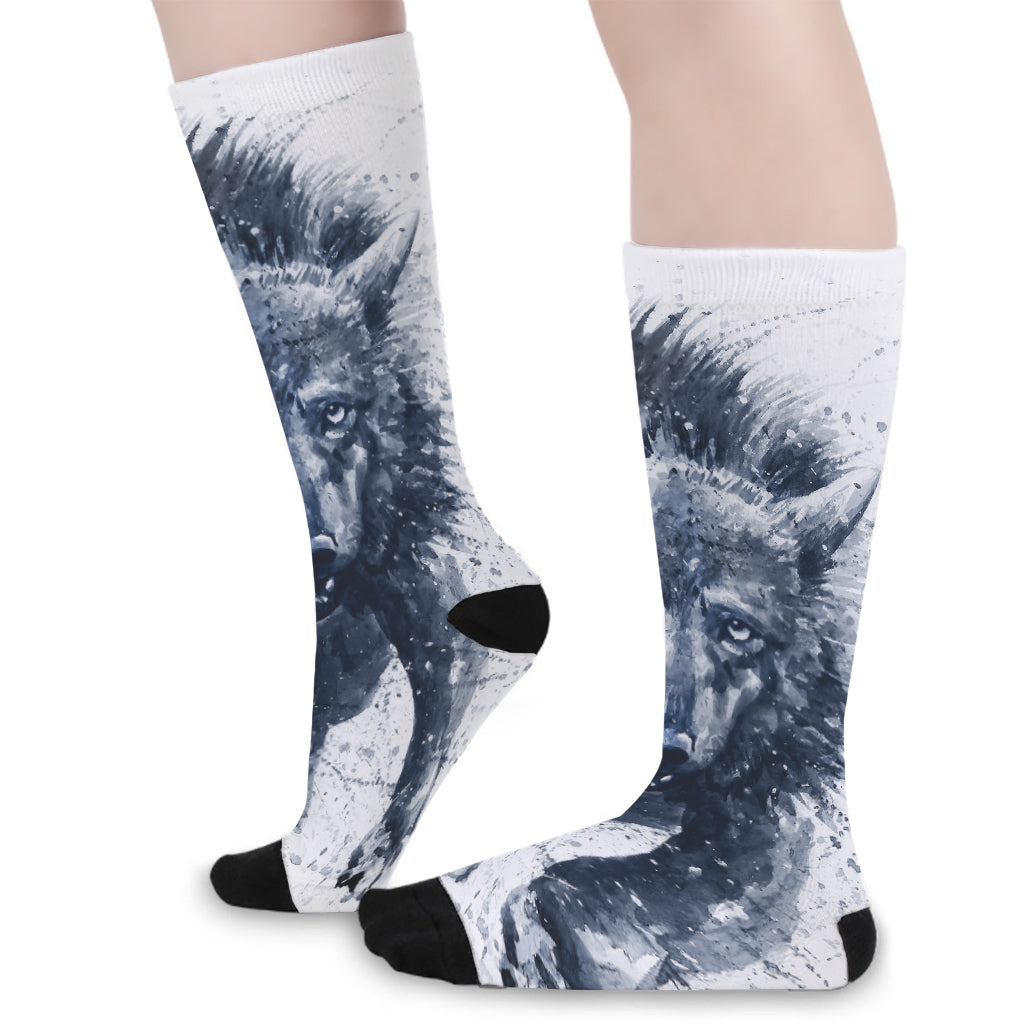 Watercolor Wolf Portrait Print Long Socks