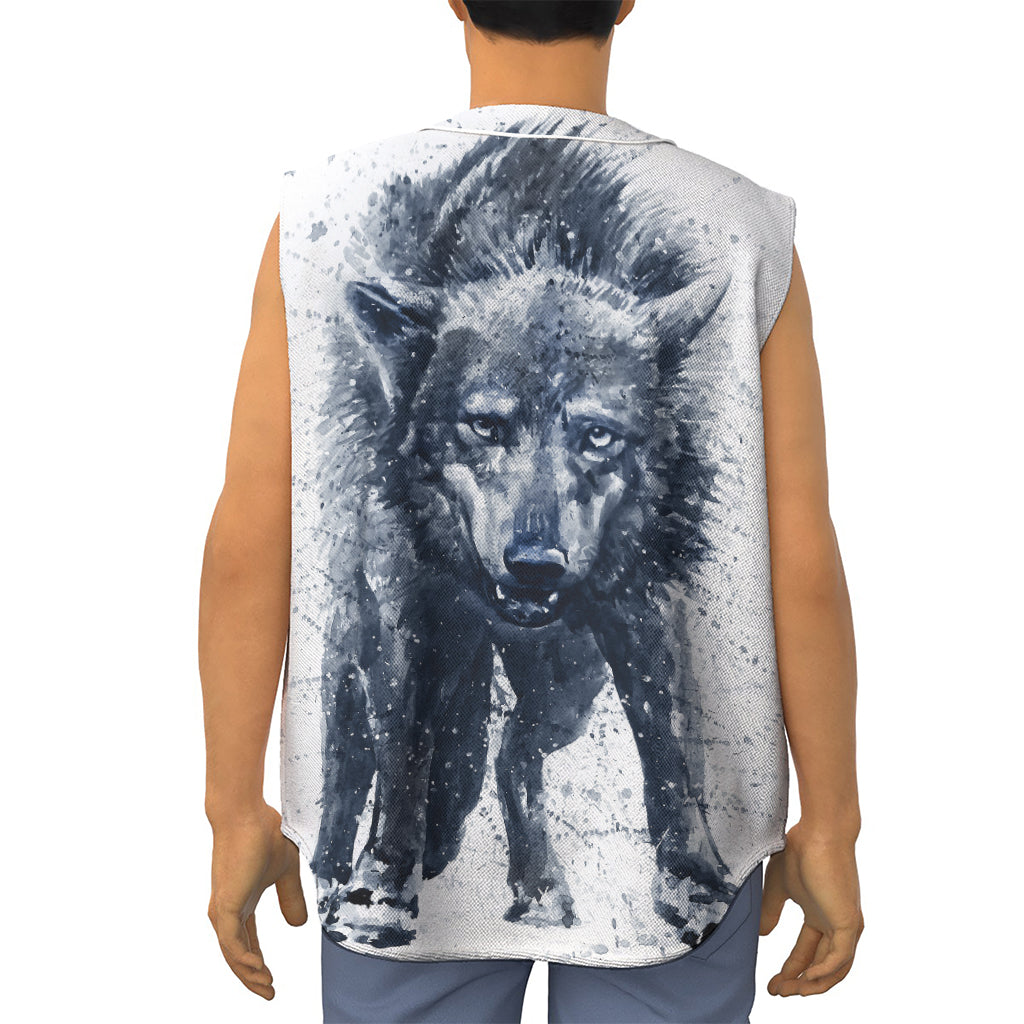 Watercolor Wolf Portrait Print Sleeveless Baseball Jersey