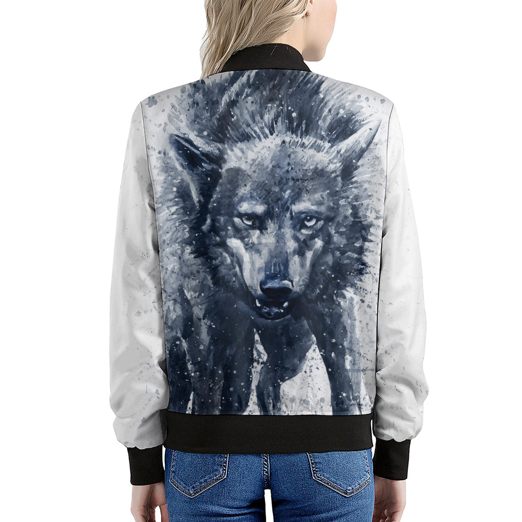 Watercolor Wolf Portrait Print Women's Bomber Jacket