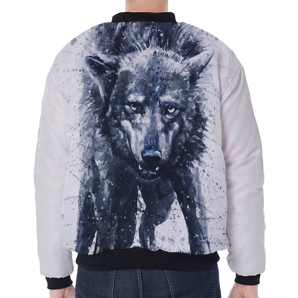 Watercolor Wolf Portrait Print Zip Sleeve Bomber Jacket