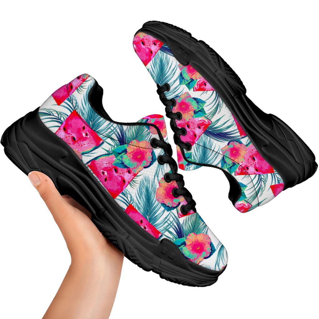Watermelon Teal Hawaiian Pattern Print Black Chunky Shoes