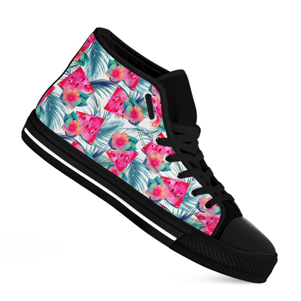 Watermelon Teal Hawaiian Pattern Print Black High Top Sneakers