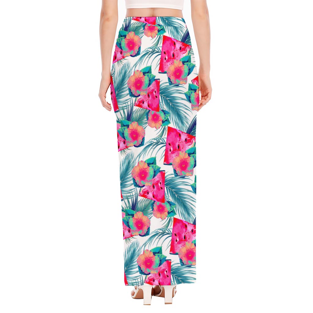 Watermelon Teal Hawaiian Pattern Print High Slit Maxi Skirt