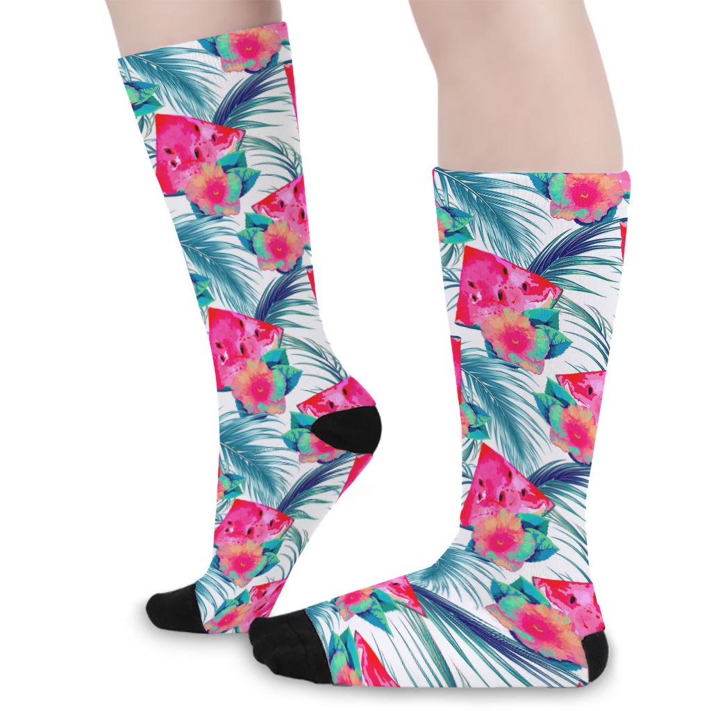 Watermelon Teal Hawaiian Pattern Print Long Socks
