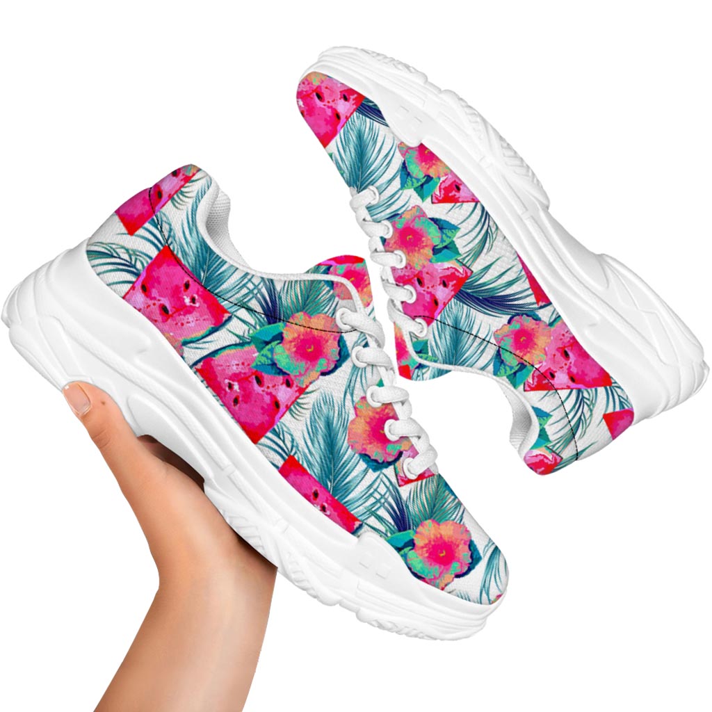 Watermelon Teal Hawaiian Pattern Print White Chunky Shoes