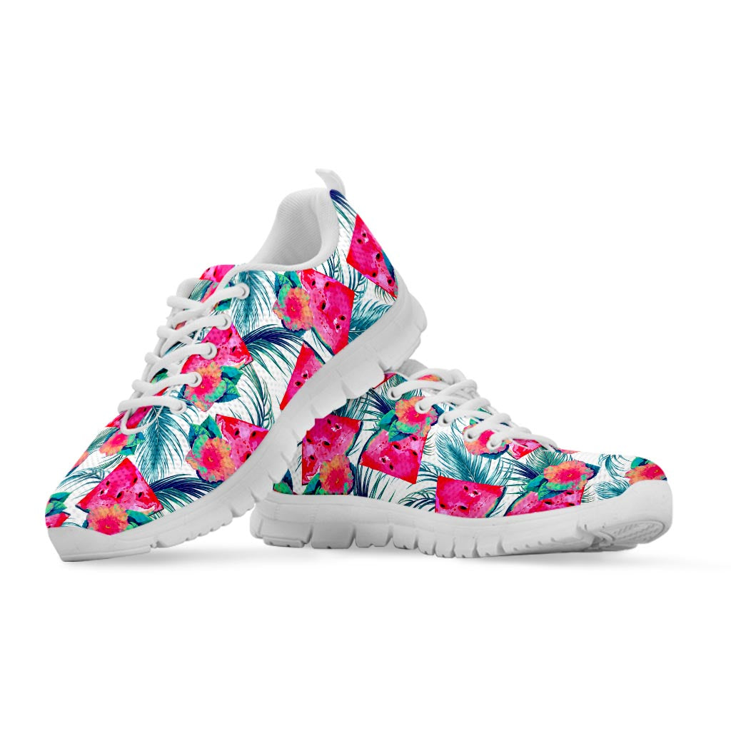 Watermelon Teal Hawaiian Pattern Print White Running Shoes