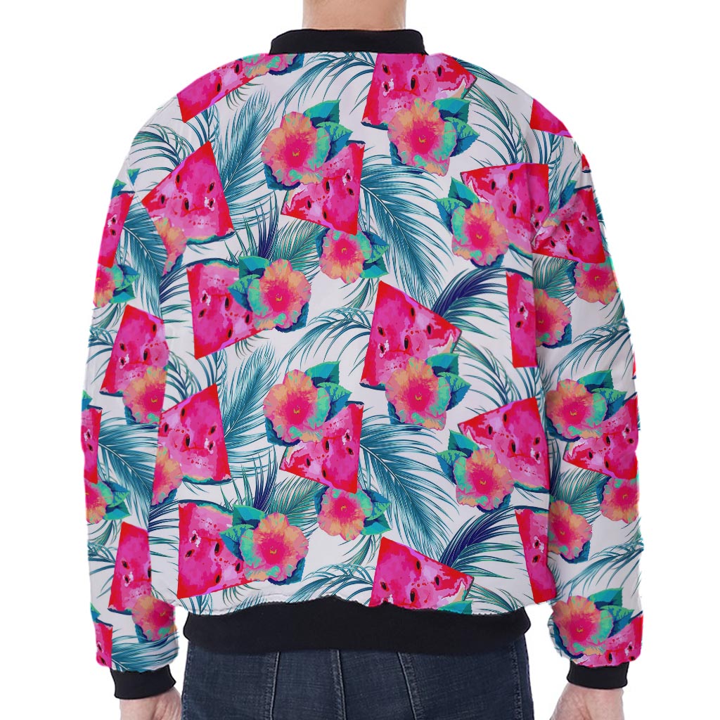 Watermelon Teal Hawaiian Pattern Print Zip Sleeve Bomber Jacket