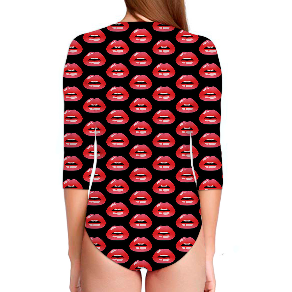 Wet Lips Pattern Print Long Sleeve Swimsuit
