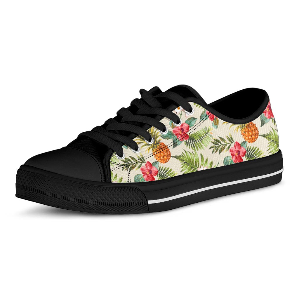 White Aloha Pineapple Pattern Print Black Low Top Sneakers