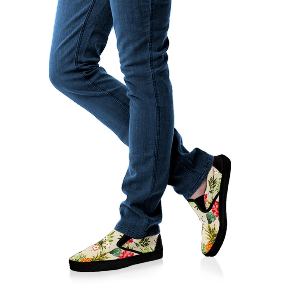 White Aloha Pineapple Pattern Print Black Slip On Sneakers