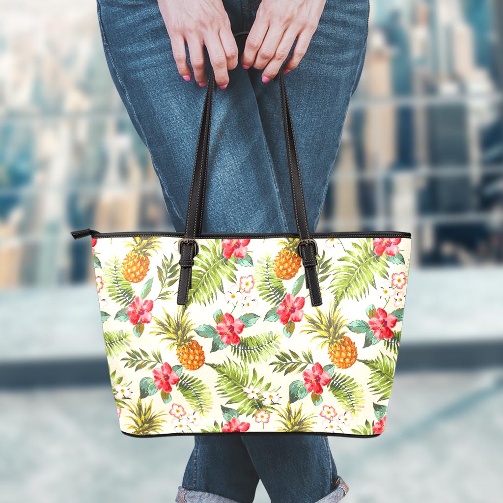 White Aloha Pineapple Pattern Print Leather Tote Bag