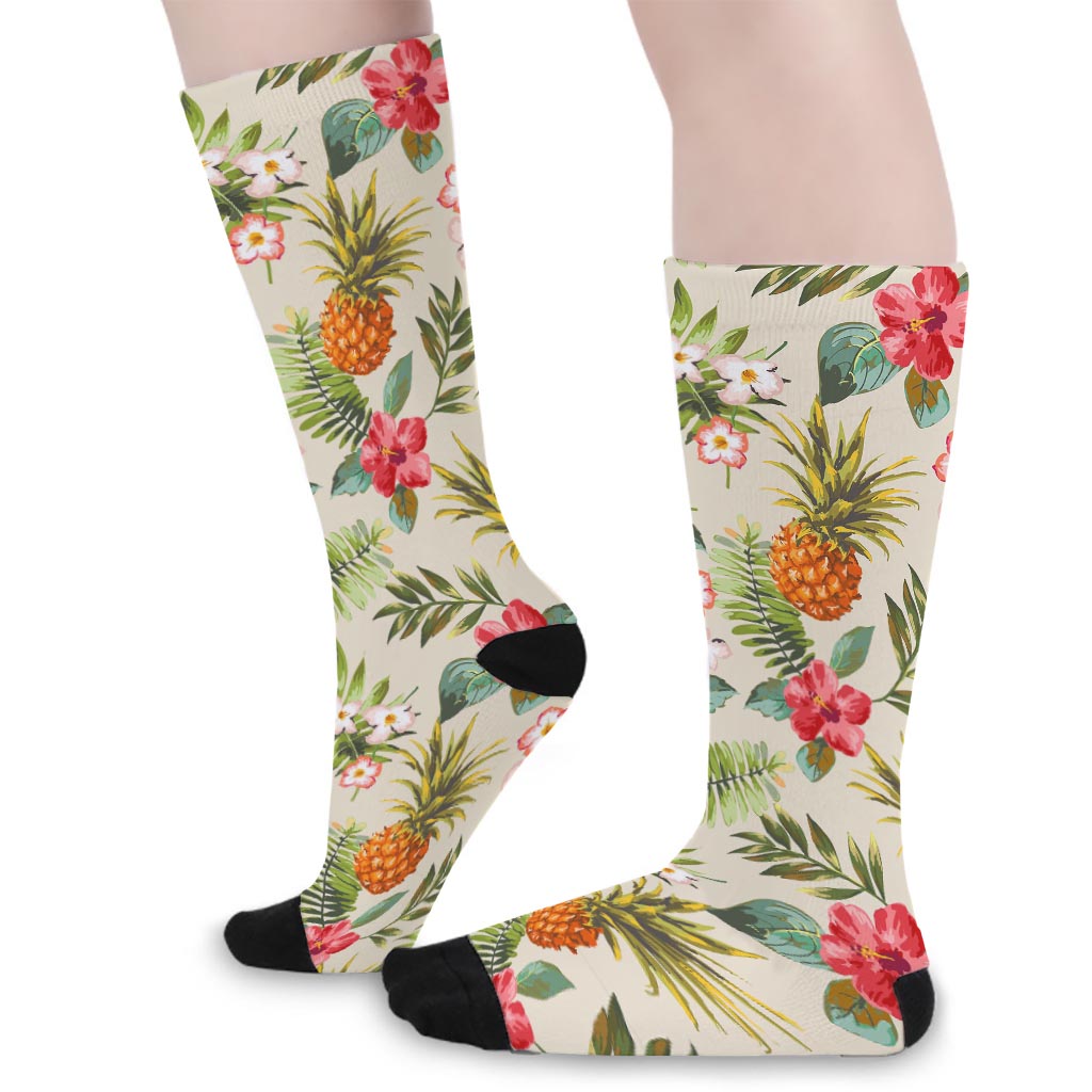 White Aloha Pineapple Pattern Print Long Socks