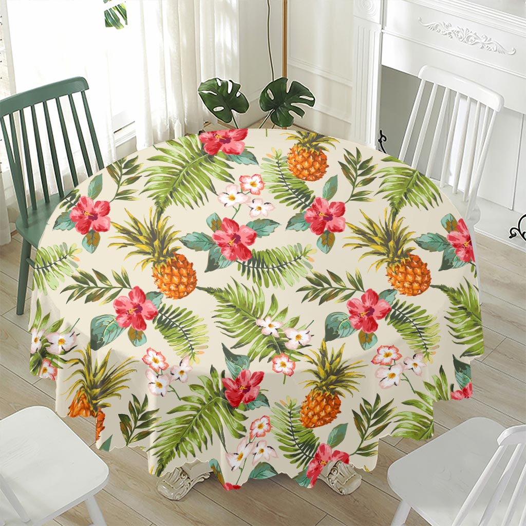 White Aloha Pineapple Pattern Print Waterproof Round Tablecloth