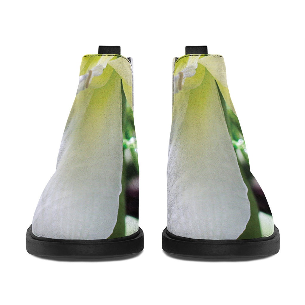 White Amaryllis Print Flat Ankle Boots