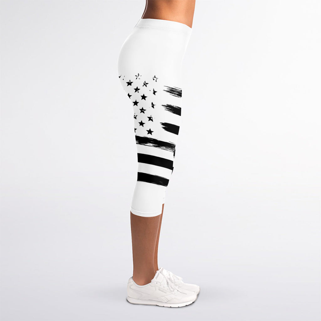 White And Black American Flag Print Women's Capri Leggings
